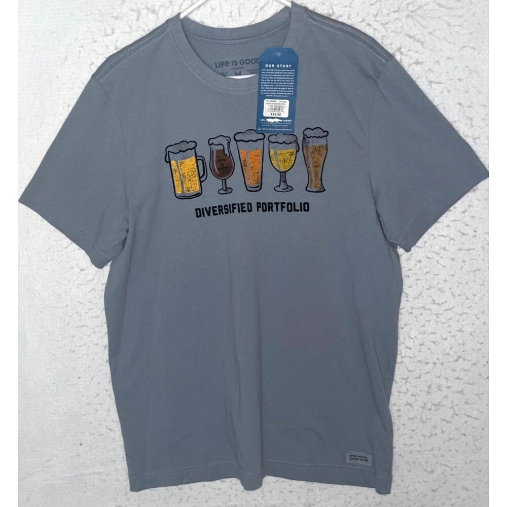 Life Is Good Men's Diversified Portfolio Beer Short Sleeve Tee Shirt Size M Gray